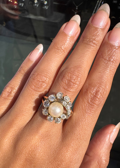 Vintage Pearl and Old Mine Cut Diamond 14 Carat Yellow Gold Cocktail Ring