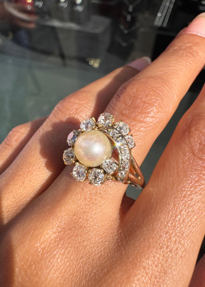 Vintage Pearl and Old Mine Cut Diamond 14 Carat Yellow Gold Cocktail Ring