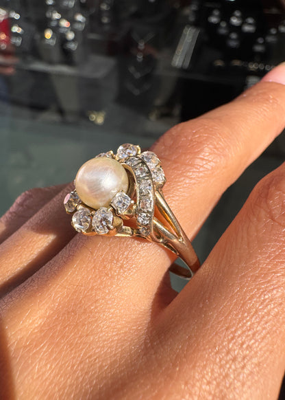 Vintage Pearl and Old Mine Cut Diamond 14 Carat Yellow Gold Cocktail Ring