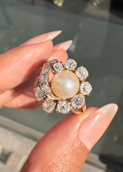 Vintage Pearl and Old Mine Cut Diamond 14 Carat Yellow Gold Cocktail Ring