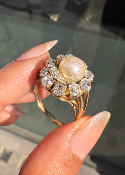Vintage Pearl and Old Mine Cut Diamond 14 Carat Yellow Gold Cocktail Ring