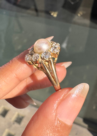 Vintage Pearl and Old Mine Cut Diamond 14 Carat Yellow Gold Cocktail Ring