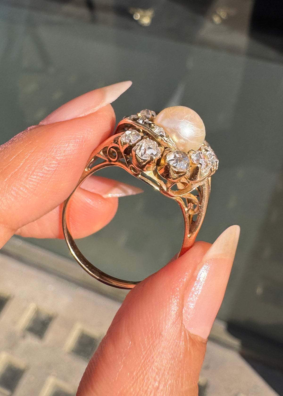 Vintage Pearl and Old Mine Cut Diamond 14 Carat Yellow Gold Cocktail Ring