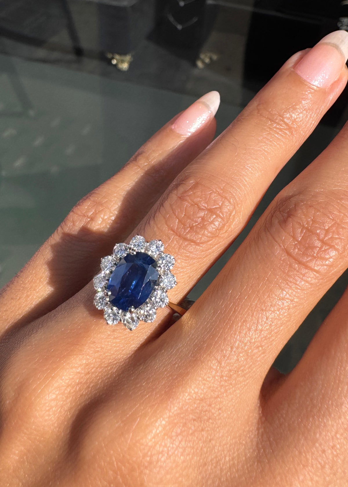 Blue Sapphire and Diamond Halo 18K White and Yellow Gold Cluster Engagement Ring