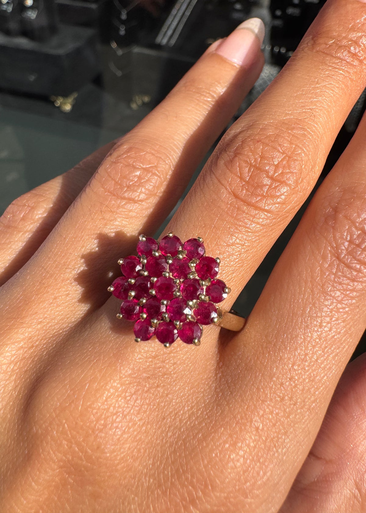 Vintage Round Ruby and 9 Carat Yellow Gold Hexagonal Cluster Cocktail Ring