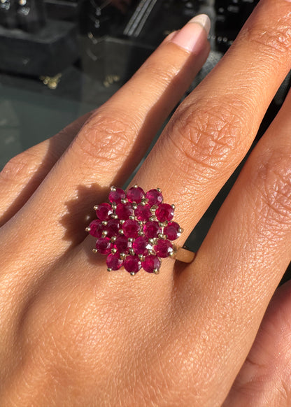 Vintage Round Ruby and 9 Carat Yellow Gold Hexagonal Cluster Cocktail Ring