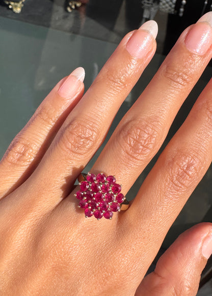 Vintage Round Ruby and 9 Carat Yellow Gold Hexagonal Cluster Cocktail Ring
