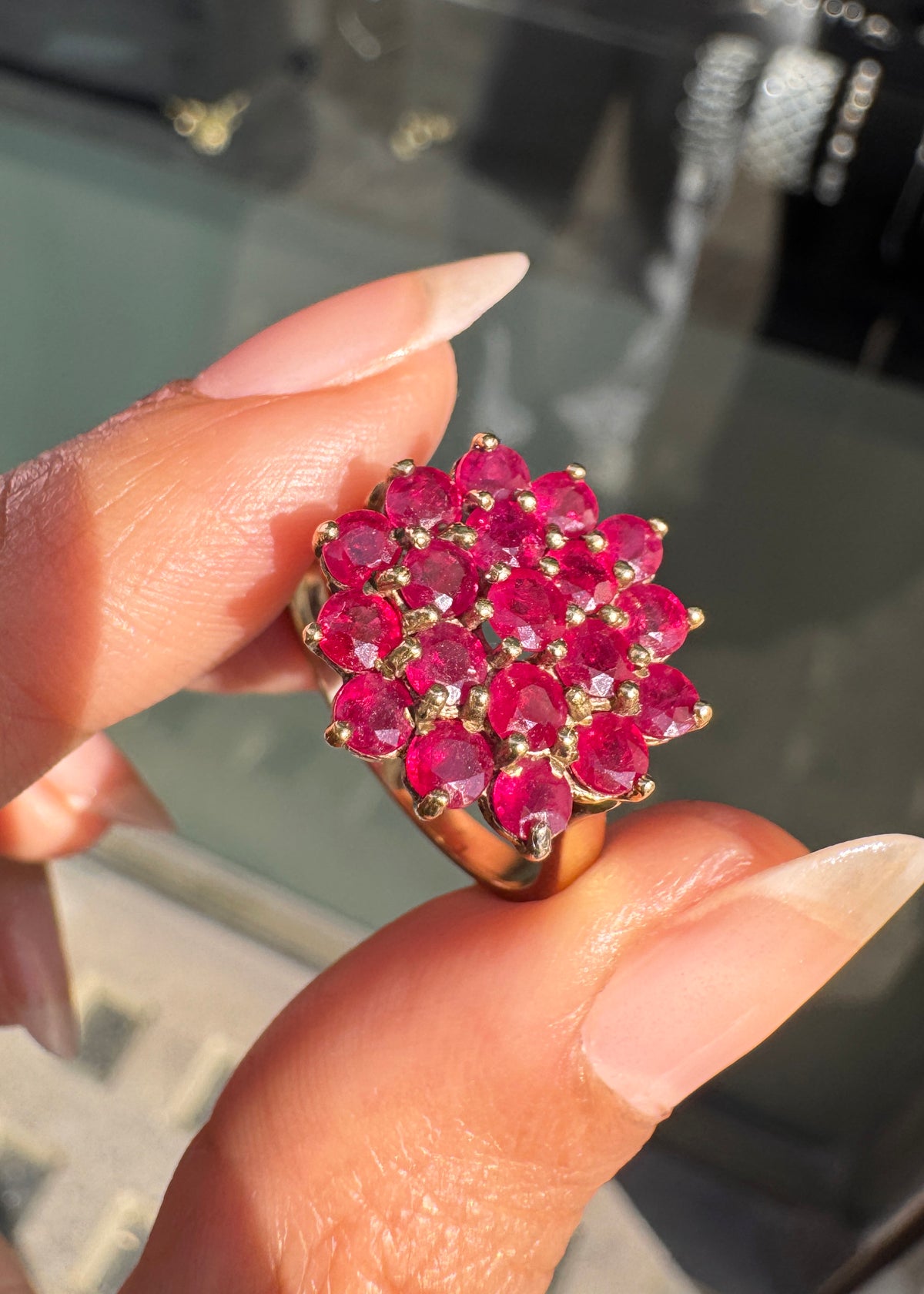 Vintage Round Ruby and 9 Carat Yellow Gold Hexagonal Cluster Cocktail Ring