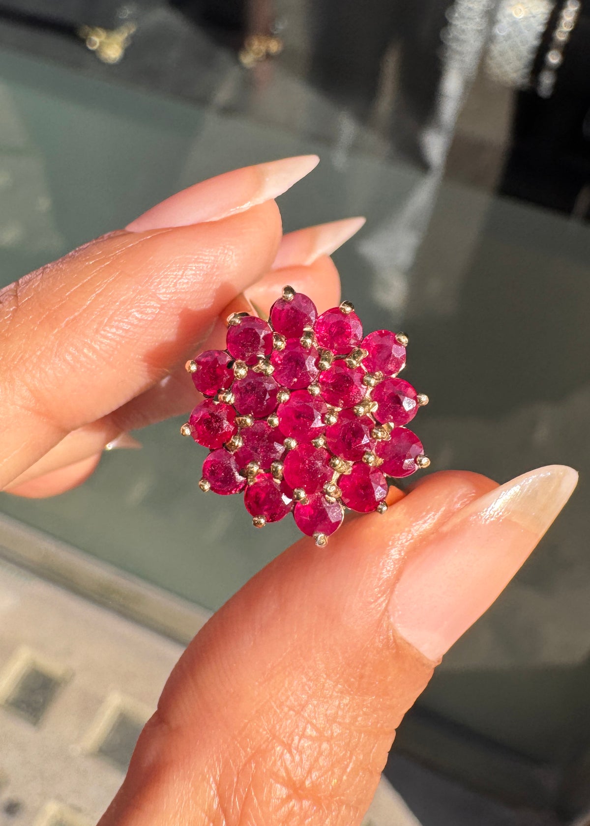 Vintage Round Ruby and 9 Carat Yellow Gold Hexagonal Cluster Cocktail Ring