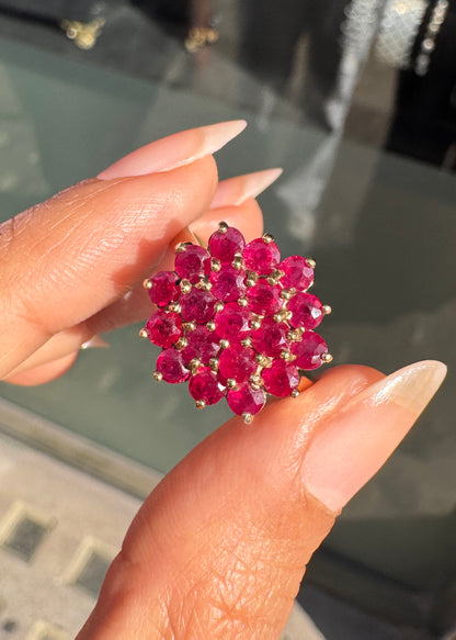 Vintage Round Ruby and 9 Carat Yellow Gold Hexagonal Cluster Cocktail Ring