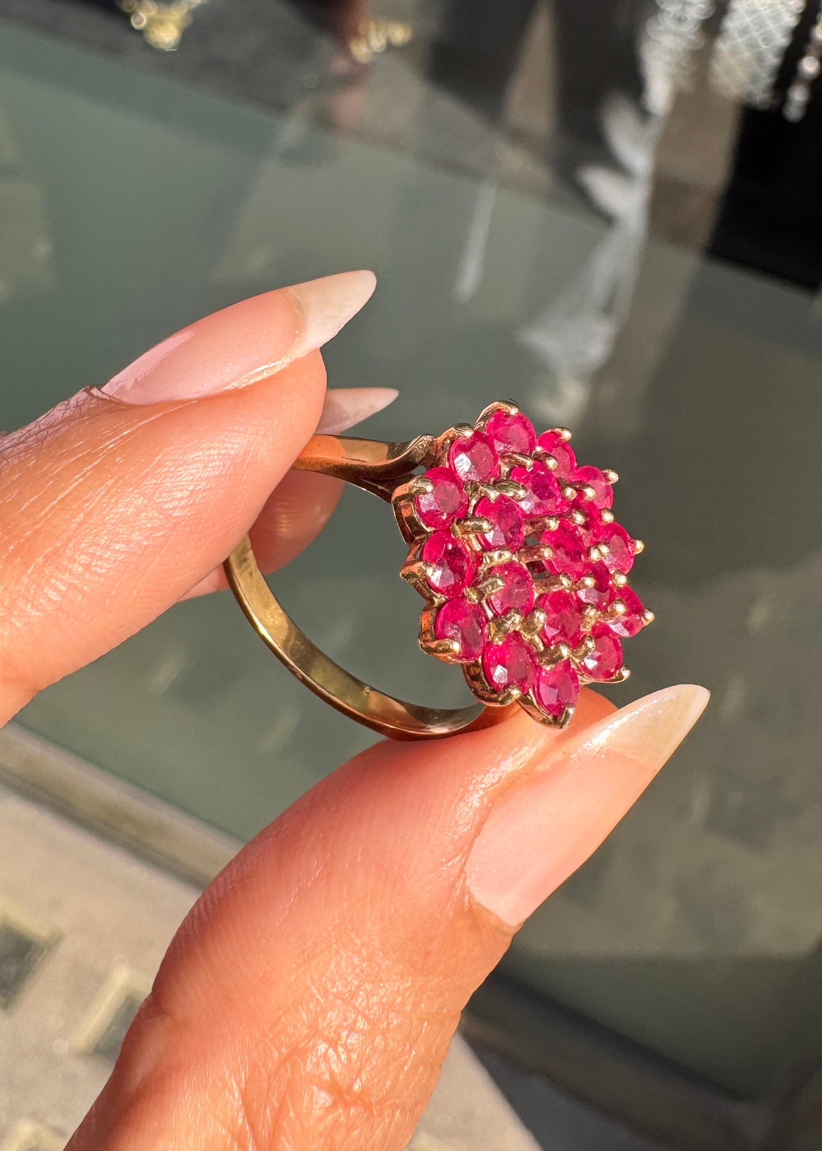 Vintage Round Ruby and 9 Carat Yellow Gold Hexagonal Cluster Cocktail Ring