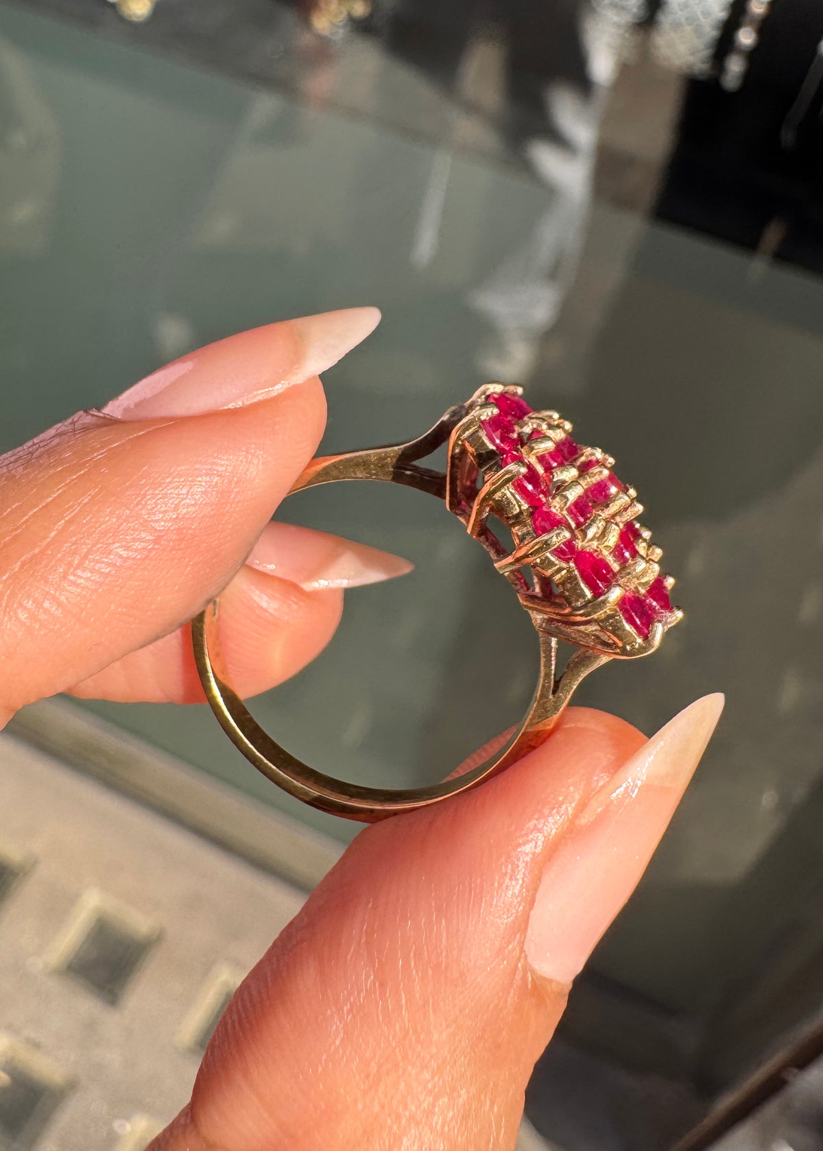 Vintage Round Ruby and 9 Carat Yellow Gold Hexagonal Cluster Cocktail Ring