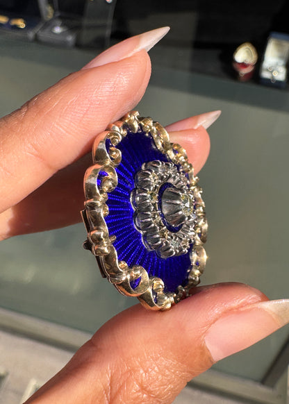 Blue Guilloché Enamel & Old Cut Diamond 15K Yellow Gold Brooch/Pendant, c.1880s