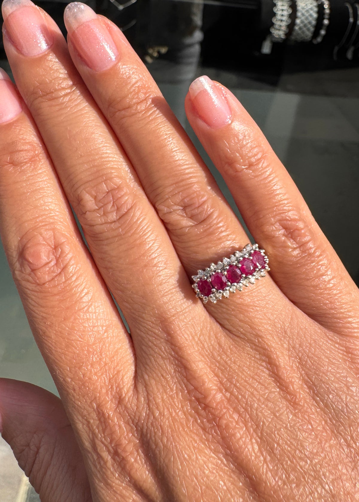 Vintage Ruby and Diamond Horizontal Cluster Dress Ring in 9 Carat Gold