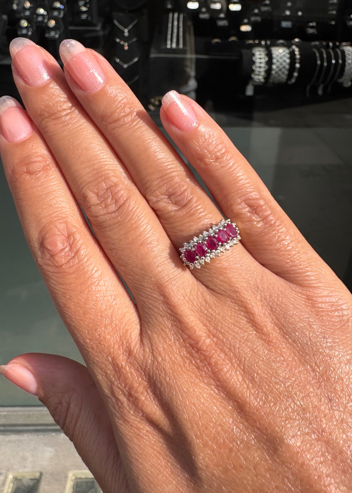Vintage Ruby and Diamond Horizontal Cluster Dress Ring in 9 Carat Gold