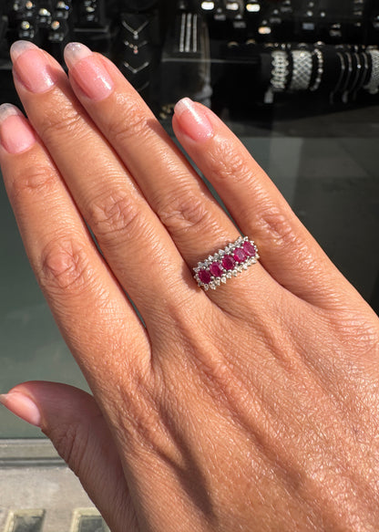 Vintage Ruby and Diamond Horizontal Cluster Dress Ring in 9 Carat Gold