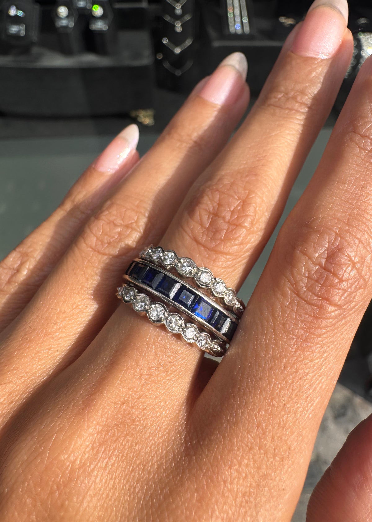 Art Deco Ruby, Sapphire and Diamond Reversible Band Cocktail Ring in 18K Gold