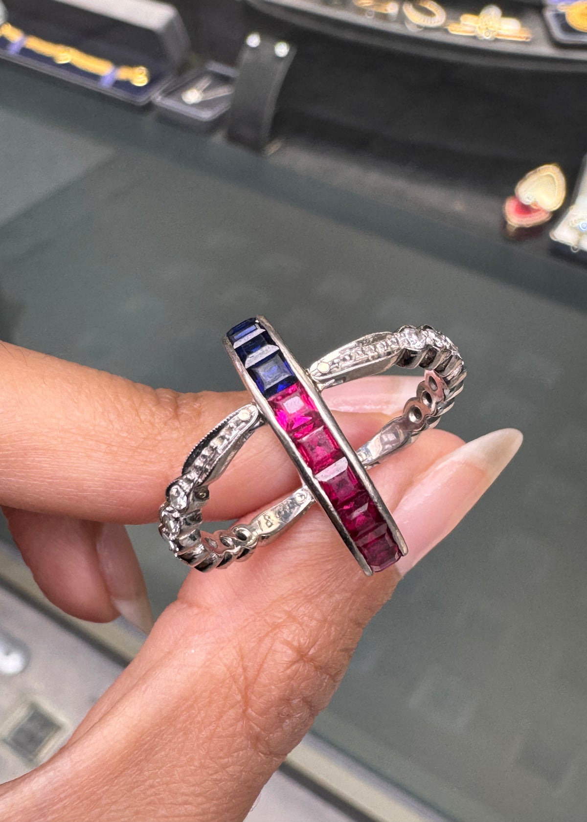Art Deco Ruby, Sapphire and Diamond Reversible Band Cocktail Ring in 18K Gold