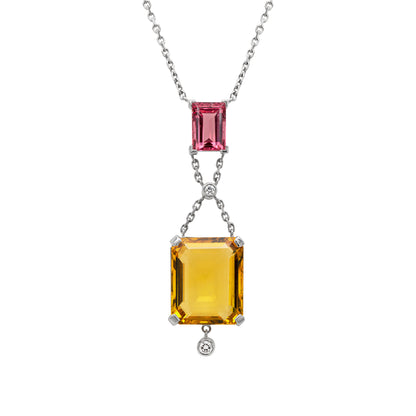 Diamond, Yellow Beryl and Pink Spinel 18 Carat White Gold Pendant Necklace