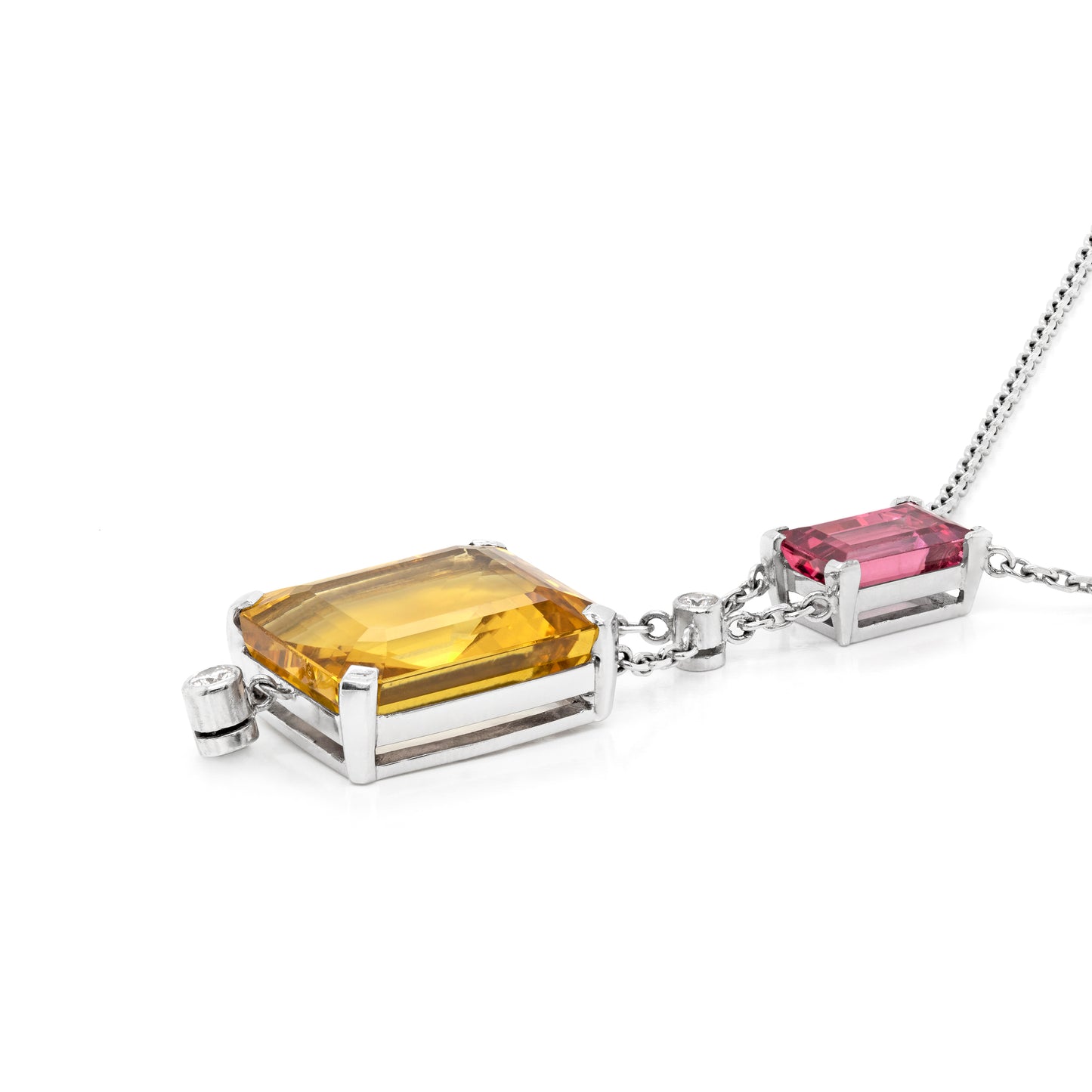 Diamond, Yellow Beryl and Pink Spinel 18 Carat White Gold Pendant Necklace