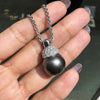 Black Tahitian Pearl and Diamond 18 Carat White Gold Pendant and Wheat Chain