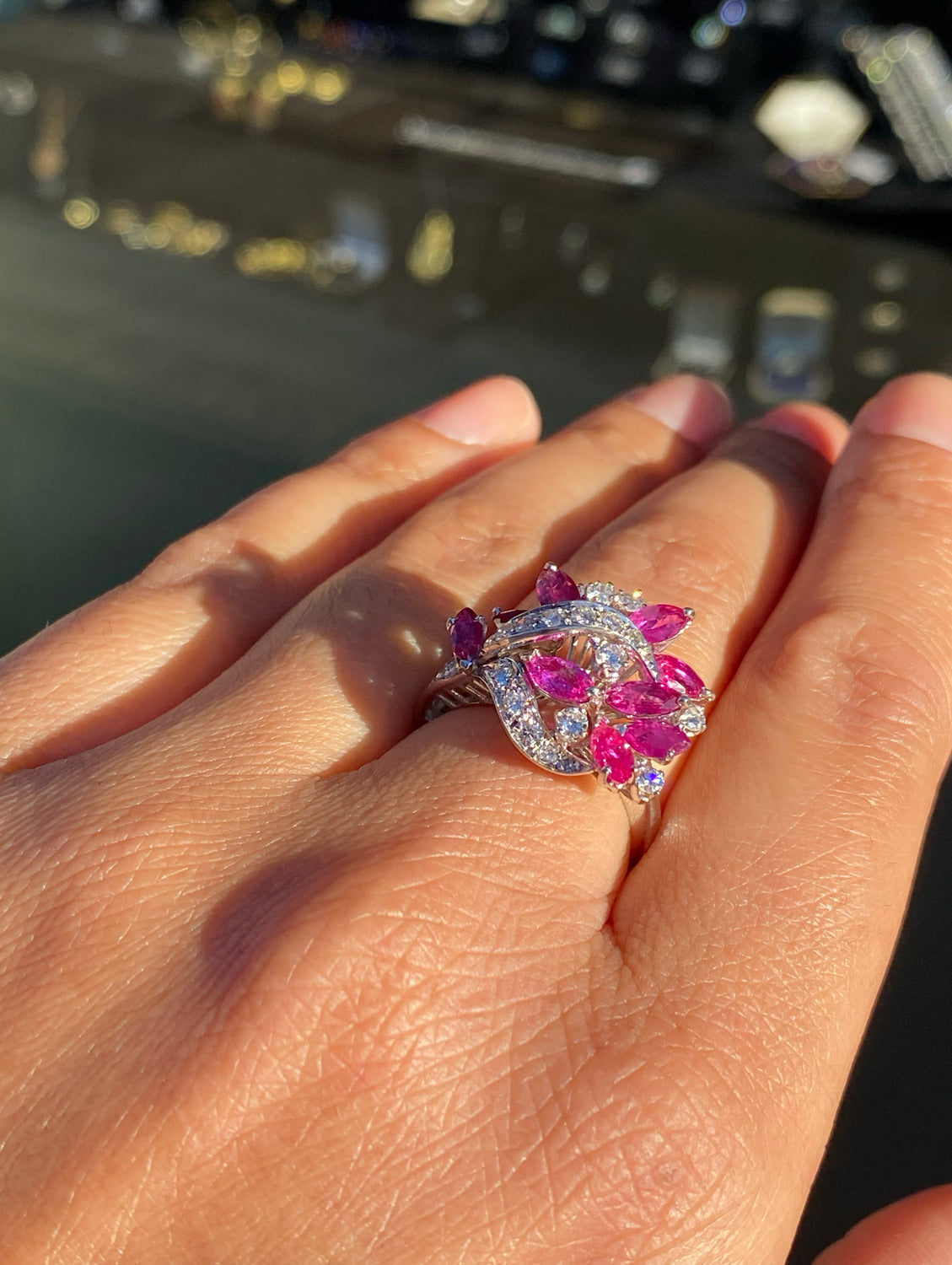 Marquise Ruby and Diamond 18 Carat White Gold Cluster Cocktail Ring