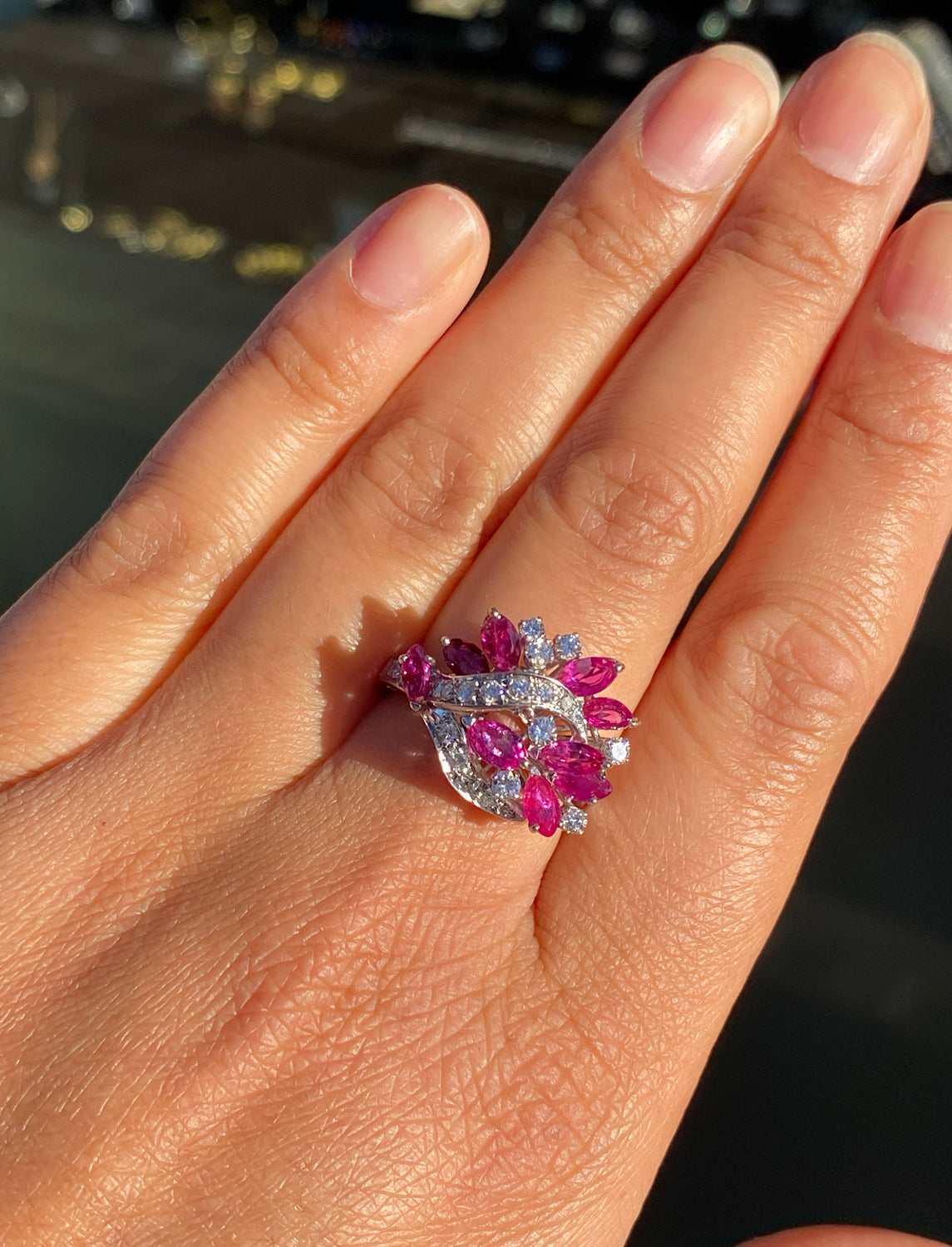 Marquise Ruby and Diamond 18 Carat White Gold Cluster Cocktail Ring