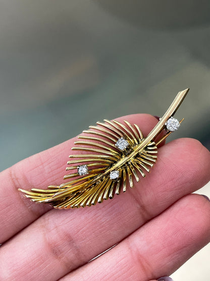 Diamond 18 Carat Yellow Gold Open Work Leaf Brooch