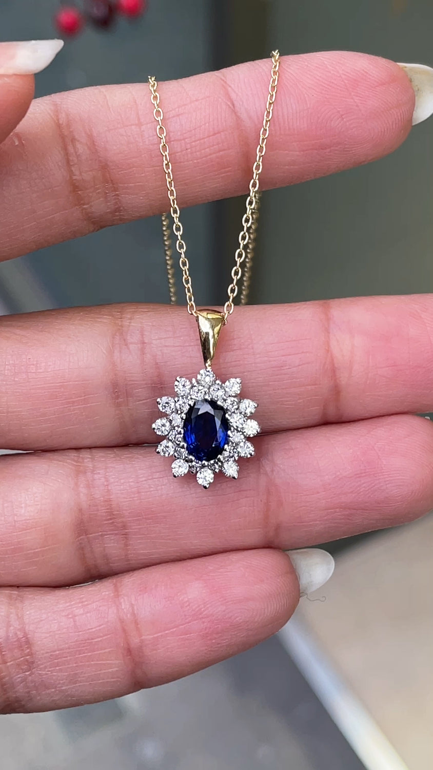 Oval Blue Sapphire and Diamond 18 Carat White and Yellow Gold Cluster Pendant