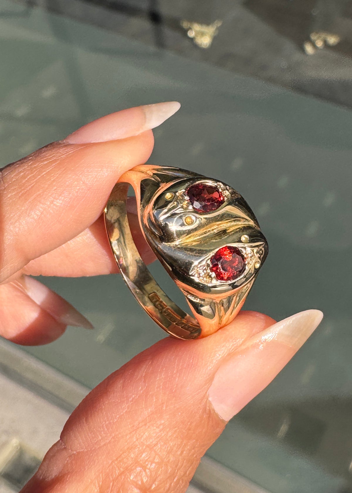 Vintage Garnet and 9 Carat Yellow Gold Double Headed Snake Cocktail Ring, 1959