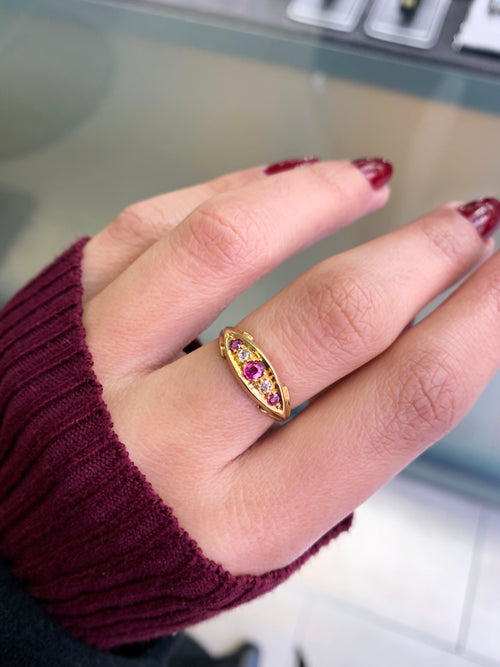 Antique Ruby and Old Cut Diamond 18 Carat Yellow Gold Five-Stone Ring, 1911