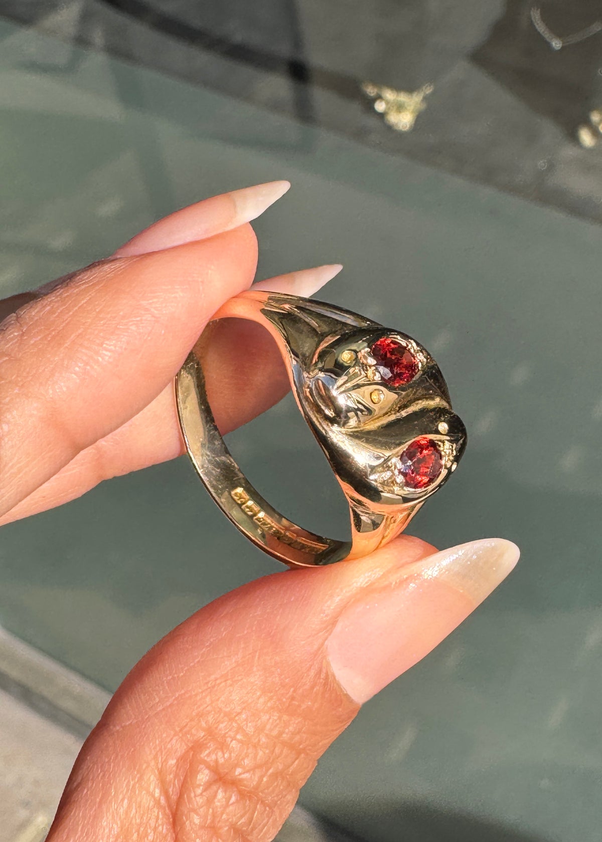 Vintage Garnet and 9 Carat Yellow Gold Double Headed Snake Cocktail Ring, 1959