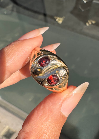 Vintage Garnet and 9 Carat Yellow Gold Double Headed Snake Cocktail Ring, 1959