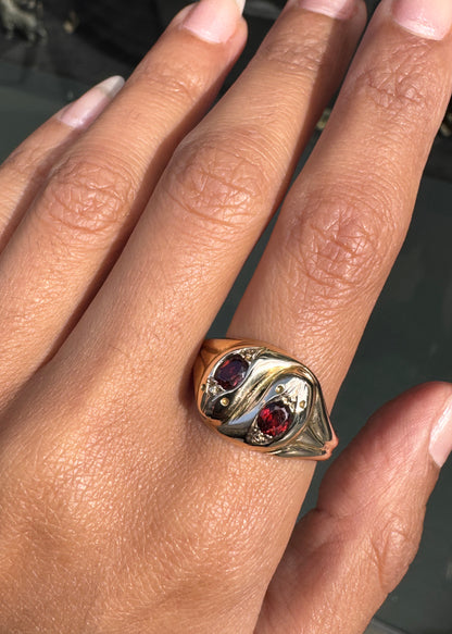Vintage Garnet and 9 Carat Yellow Gold Double Headed Snake Cocktail Ring, 1959