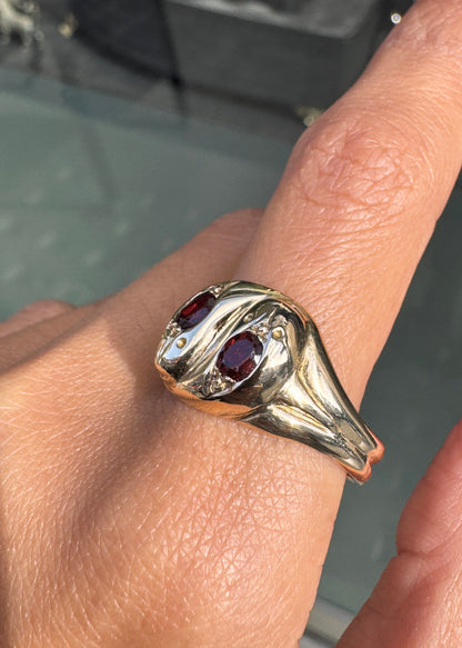 Vintage Garnet and 9 Carat Yellow Gold Double Headed Snake Cocktail Ring, 1959