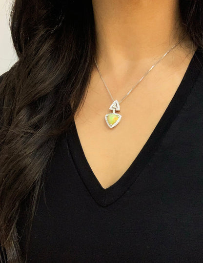 Ethiopian Triangle Cabouchon Opal and Diamond 18 Carat Gold Pendant and Chain