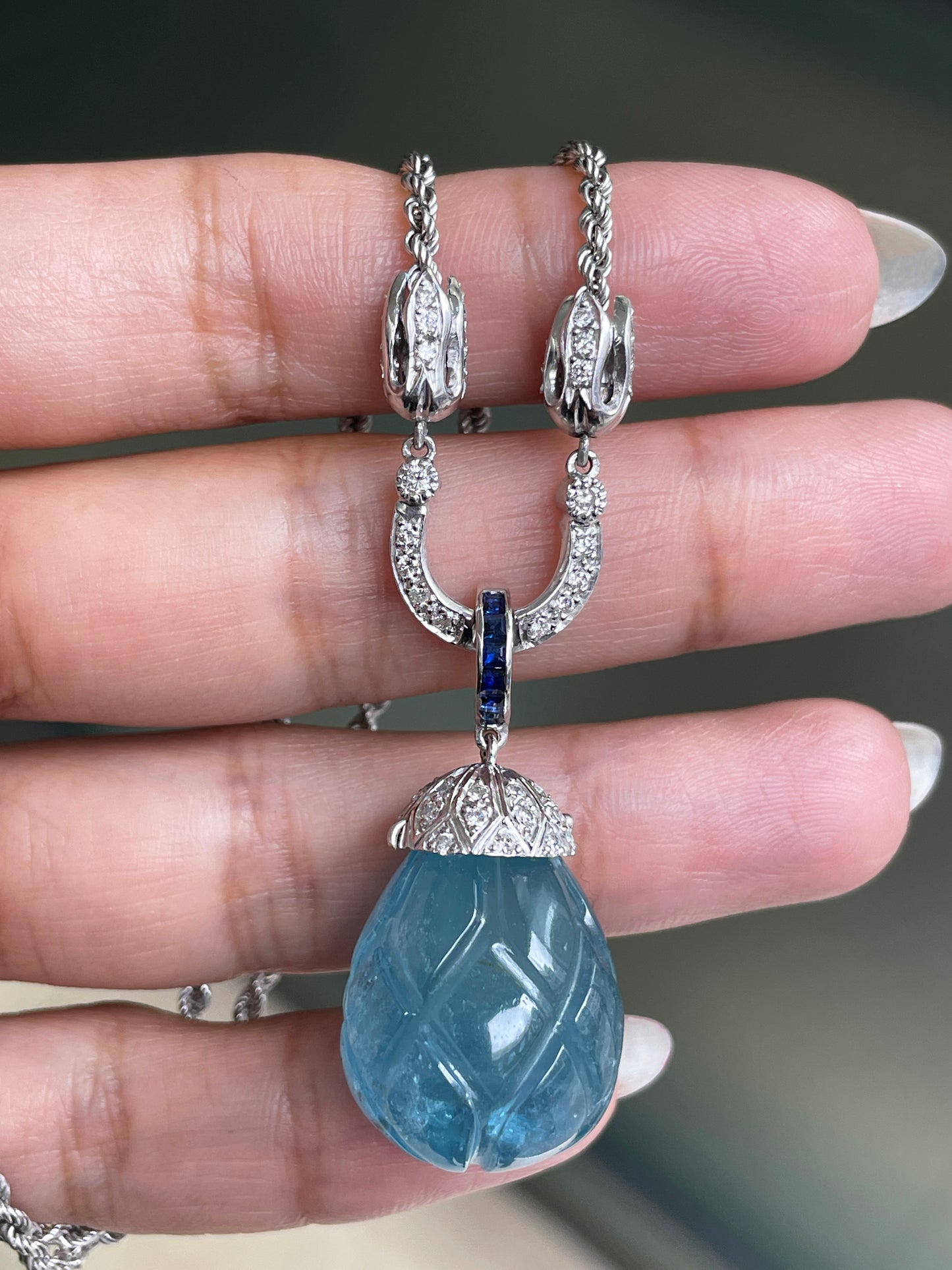 Carved Cabochon Aquamarine Diamond and Sapphire 18ct Gold Drop Necklace