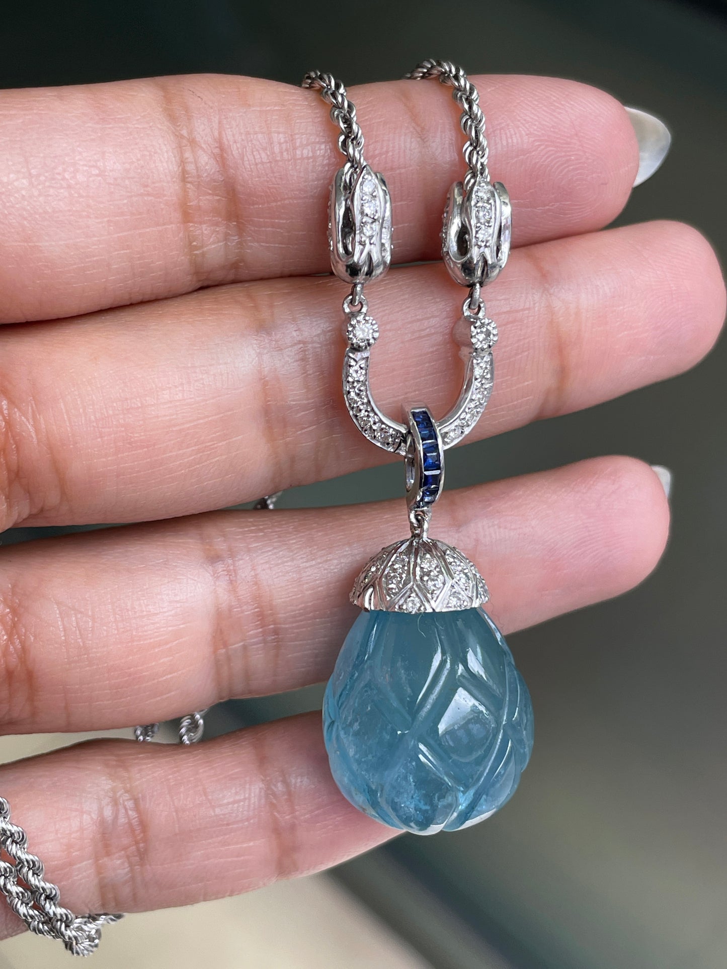 Carved Cabochon Aquamarine Diamond and Sapphire 18ct Gold Drop Necklace