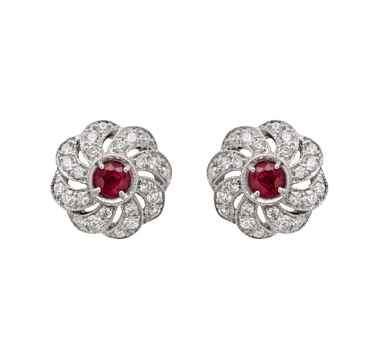 Ruby and Diamond 18 Carat White Gold Floral Earrings and Necklace Set