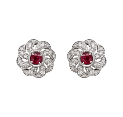 Ruby and Diamond 18 Carat White Gold Floral Earrings and Necklace Set
