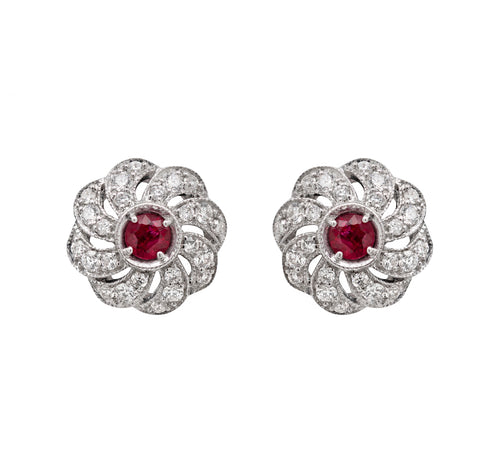 Ruby and Diamond 18 Carat White Gold Floral Earrings and Necklace Set
