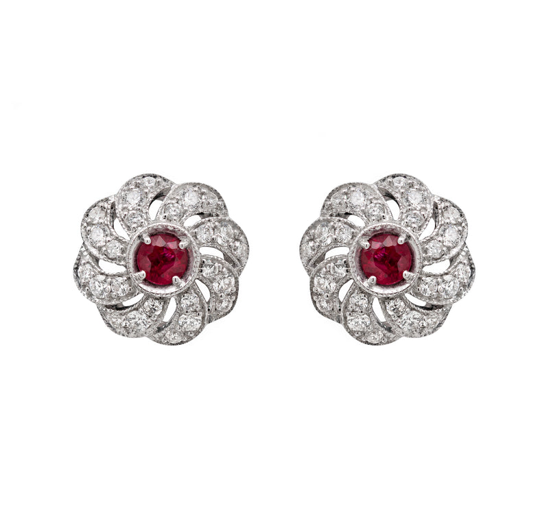Ruby and Diamond 18 Carat White Gold Floral Earrings and Necklace Set