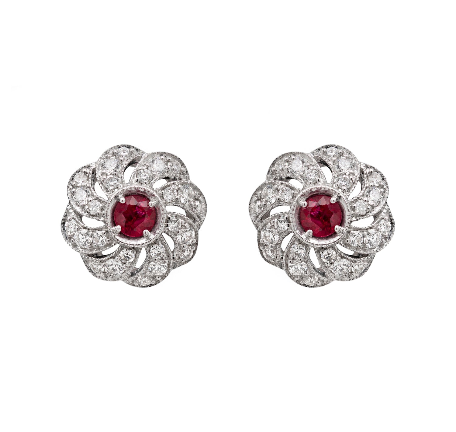 Ruby and Diamond 18 Carat White Gold Floral Earrings and Necklace Set