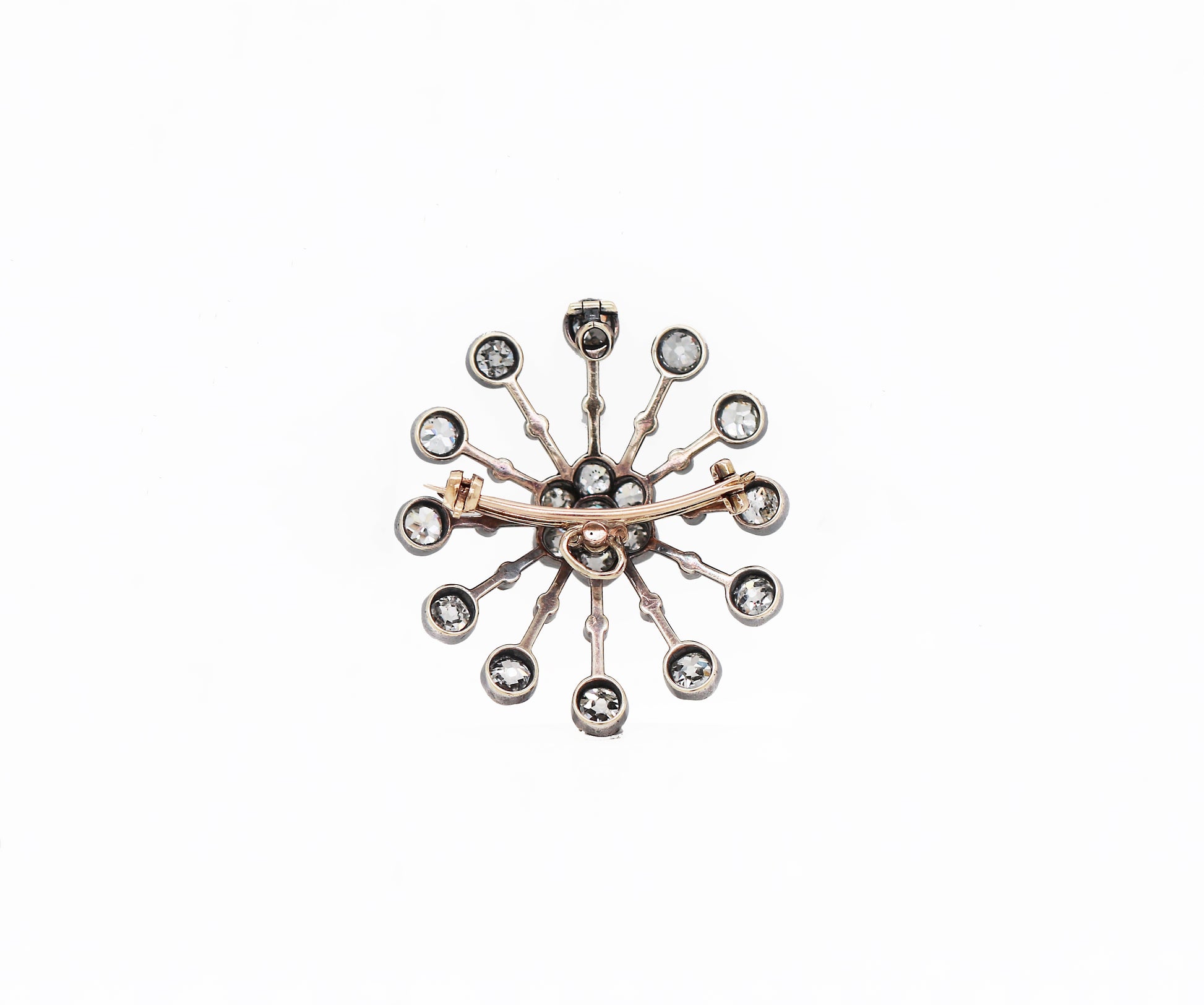 back of Antique Old Mine Cut Diamond Silver on Gold Brooch and Pendant, Circa 1880
