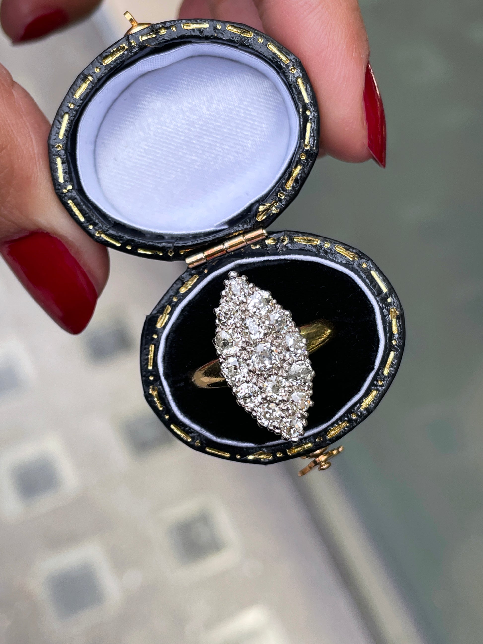 Old Cut Diamond Marquise 18 Carat Gold Cluster Ring - Tobi Gem Setting