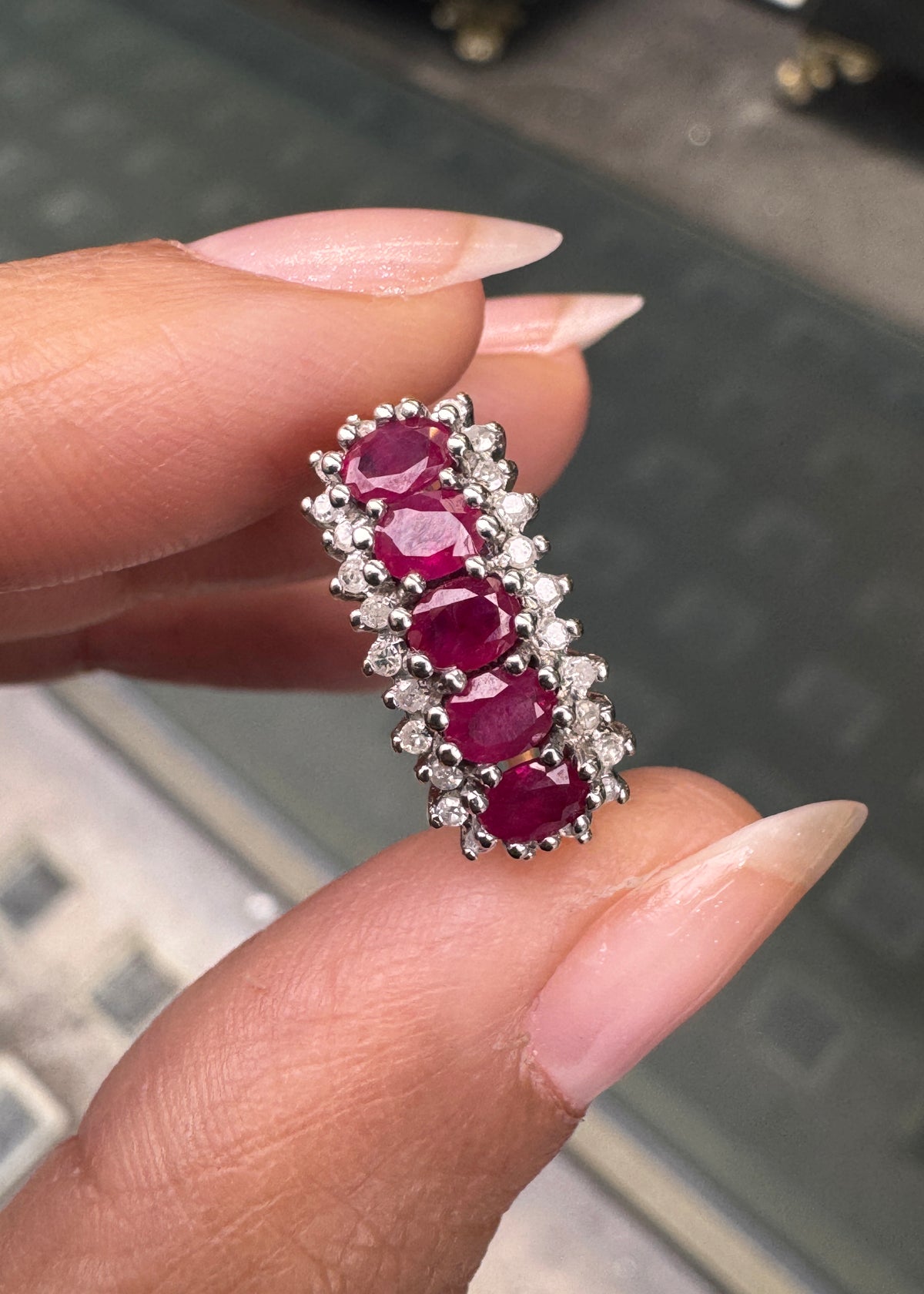 Vintage Ruby and Diamond Horizontal Cluster Dress Ring in 9 Carat Gold