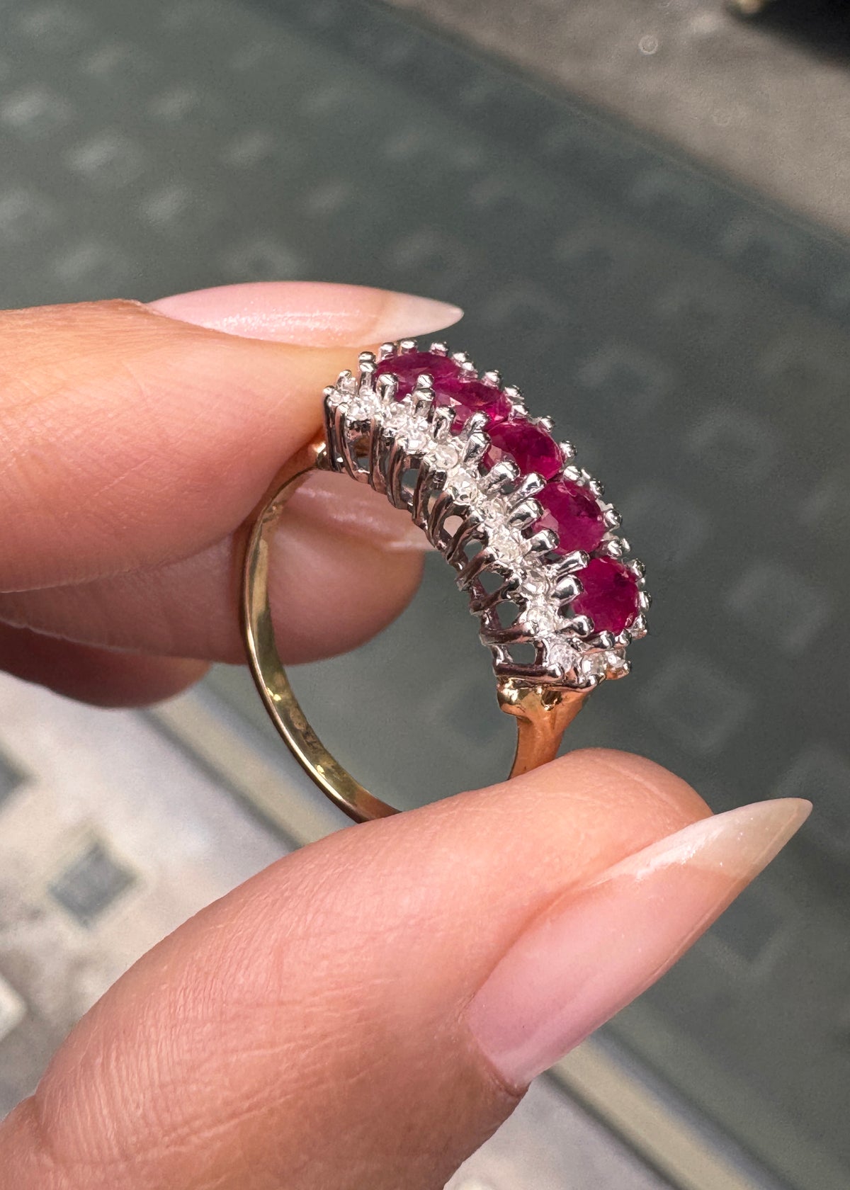 Vintage Ruby and Diamond Horizontal Cluster Dress Ring in 9 Carat Gold