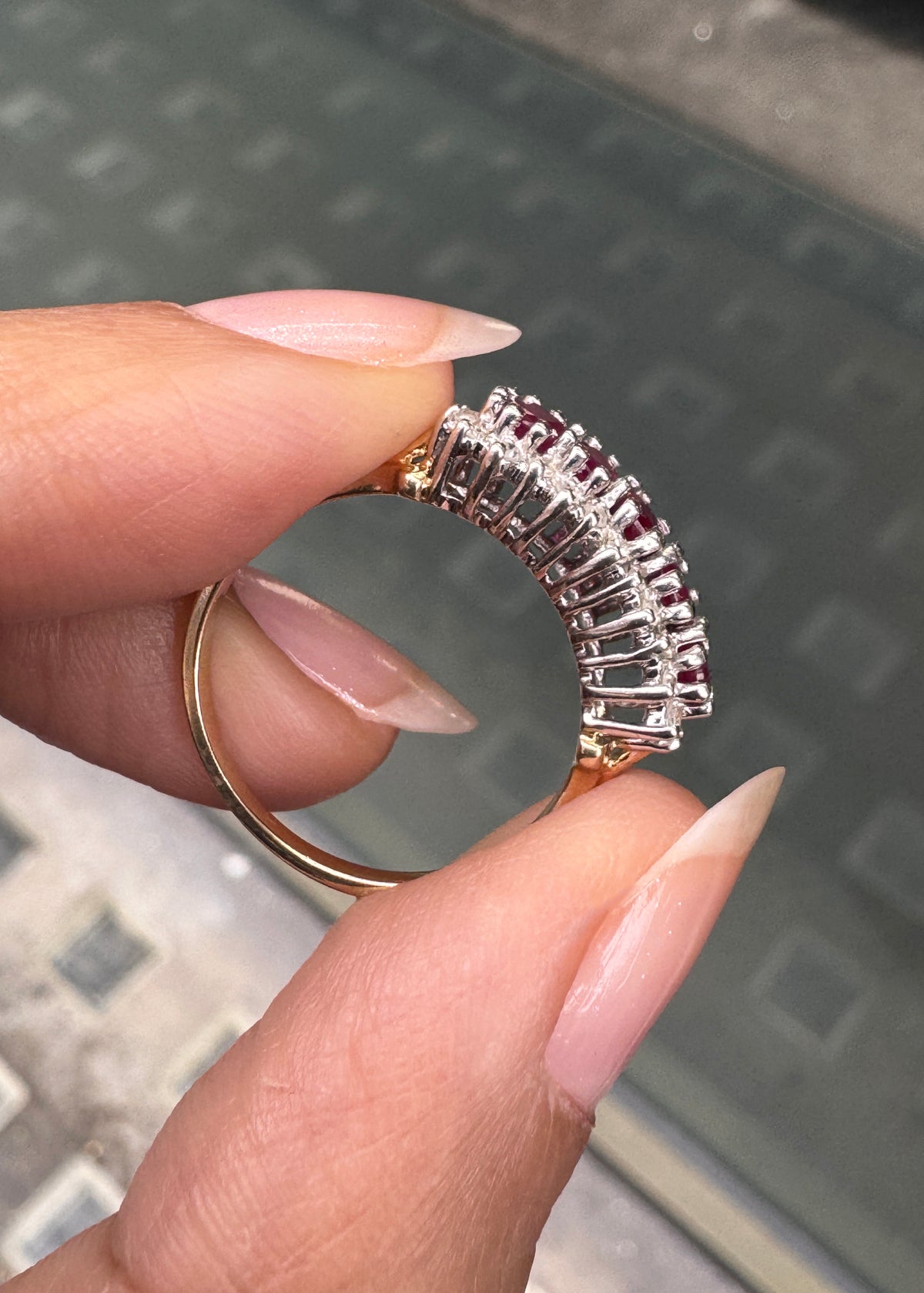 Vintage Ruby and Diamond Horizontal Cluster Dress Ring in 9 Carat Gold