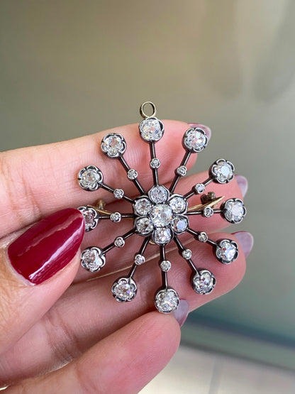 Antique Old Mine Cut Diamond Silver on Gold Brooch and Pendant, Circa 1880