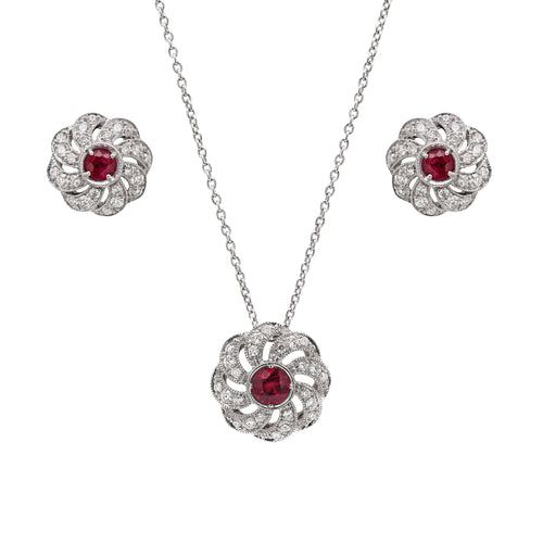 Ruby and Diamond 18 Carat White Gold Floral Earrings and Necklace Set